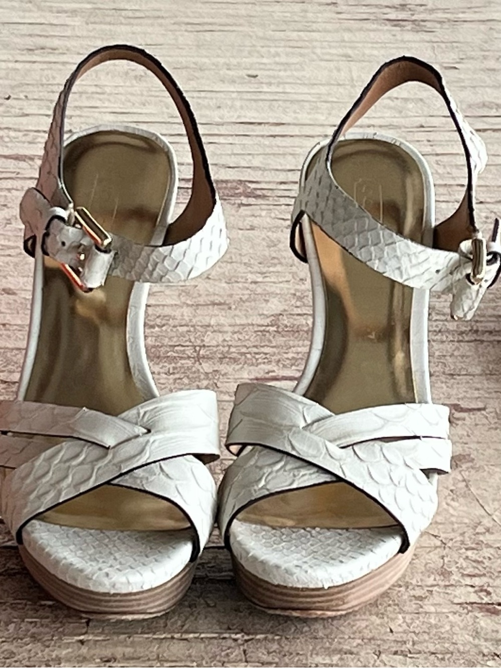 Coach White Textured Platform Slingback Sandals Heels